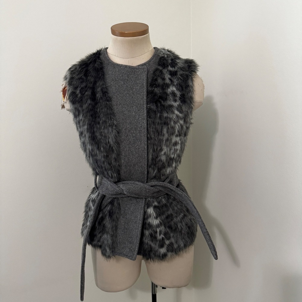 Rebecca Taylor Small Faux Fur Vest Belt Wool Blend Gray Snow Leopards